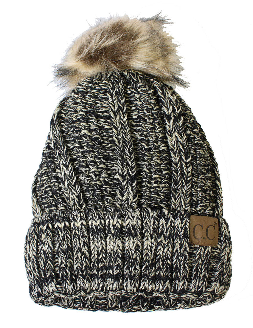 Faux-Fur Pom Fleece-Lined Knit Beanie