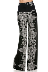 Niobe Clothing High Waist Fold Over Wide Leg Palazzo Pants (Bandana Black) - pants
