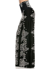 Niobe Clothing High Waist Fold Over Wide Leg Palazzo Pants (Bandana Black) - pants