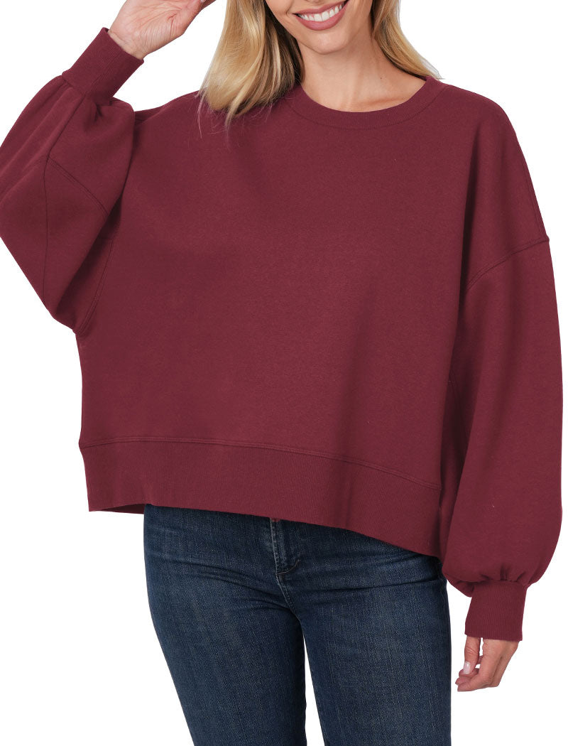 Zenana Balloon Sleeve Crew Neck Pullover Short Sweatshirt - Sweatshirts sb_outerwear