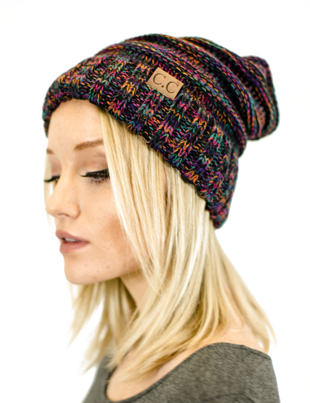 C.C. Unisex Two Toned Mix Knit Oversized Slouchy Beanie - Beanies Hats