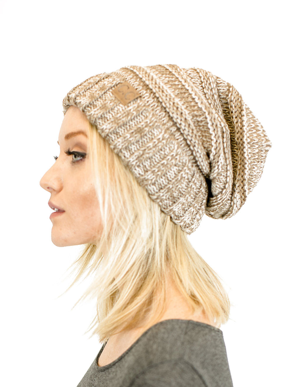 C.C. Unisex Two Toned Mix Knit Oversized Slouchy Beanie - Beanies Hats
