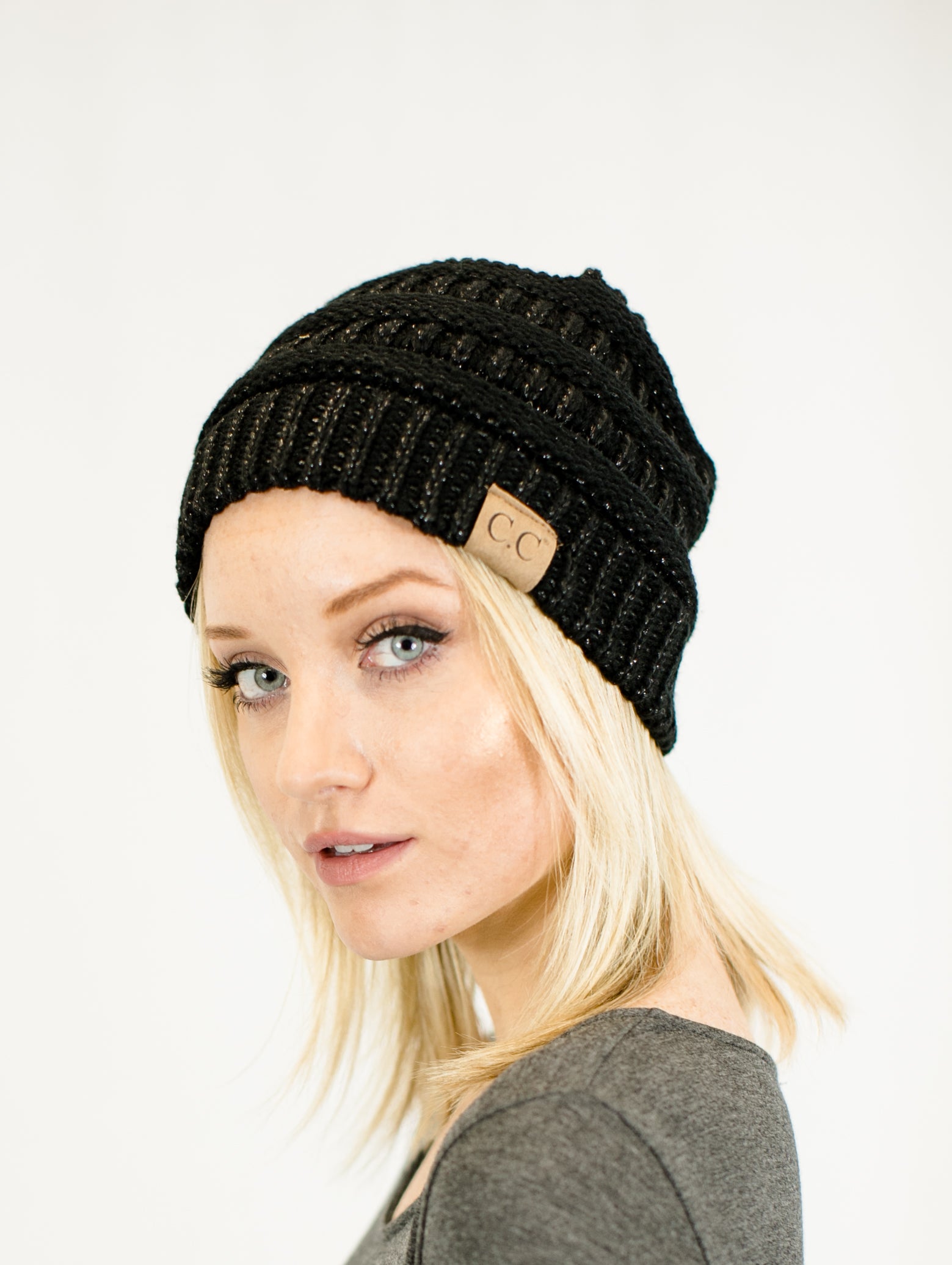 C.C. Unisex Two Toned Metallic Soft Stretch Knit Slouchy Beanie - Beanies Hats