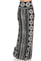 Niobe Clothing High Waist Foldover Boho Palazzo Pants (Black White Medallion) - pants