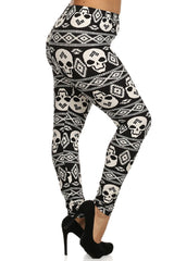 Black White Skull Design Plus Size Leggings leggings- Niobe Clothing