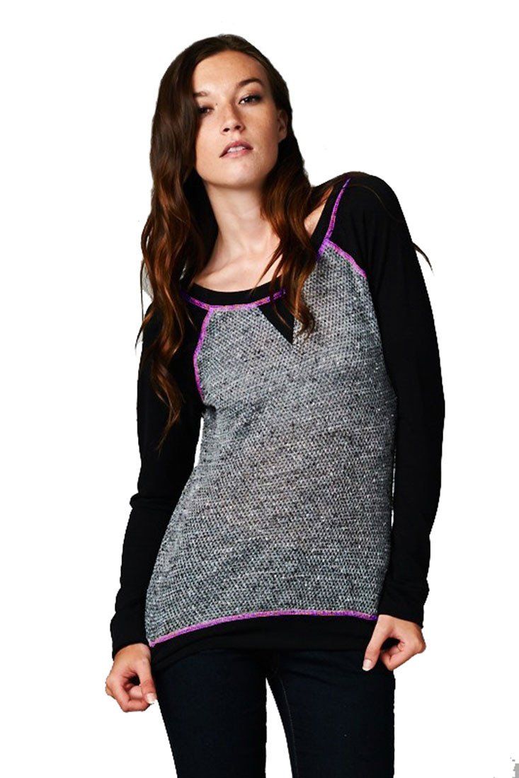Niobe Clothing French Terry Long Sleeve Neon Accent Shirt Top (Black) - Tops