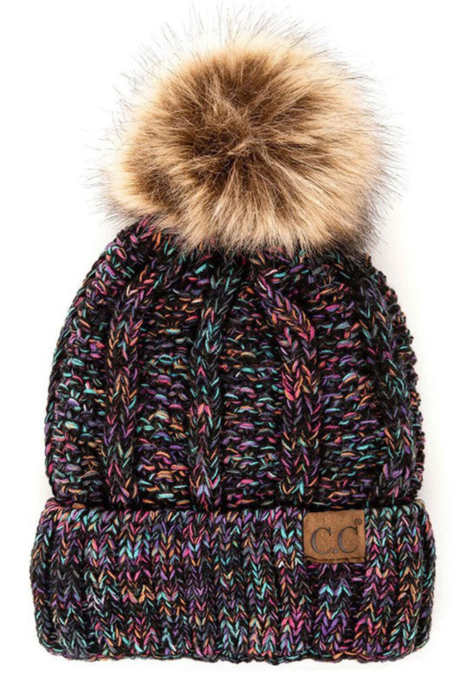 Faux-Fur Pom Fleece-Lined Knit Beanie