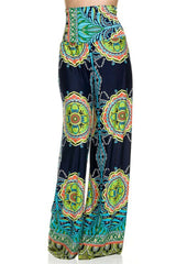 Niobe Clothing High Waist Fold Over Wide Leg Palazzo Pants (Navy Tribal) - pants