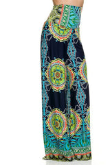 Niobe Clothing High Waist Fold Over Wide Leg Palazzo Pants (Navy Tribal) - pants