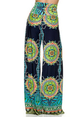Niobe Clothing High Waist Fold Over Wide Leg Palazzo Pants (Navy Tribal) - pants