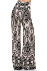 Niobe Clothing High Waist Foldover Boho Palazzo Pants (Black White Geo) - pants