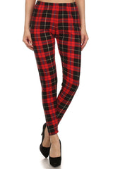 Red Plaid Design Leggings leggings- Niobe Clothing