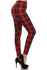 Red Plaid Design Leggings leggings- Niobe Clothing