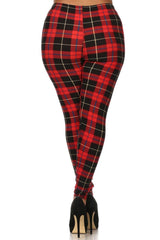 Red Plaid Design Leggings (Plus Size) leggings- Niobe Clothing