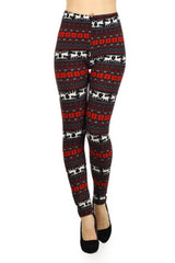 Black Red Reindeer Snowflake Design Leggings leggings- Niobe Clothing