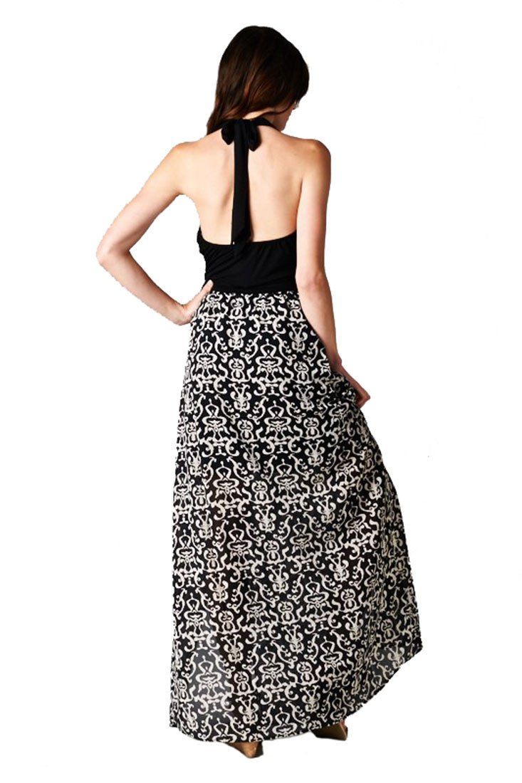 Niobe Clothing Halter Top Baroque Damask Print Black White Maxi Dress w/ Side Slit - Dresses f_dresses