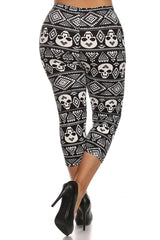 Niobe Clothing Black White Skull Design Plus Size Capri Leggings - leggings