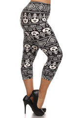Niobe Clothing Black White Skull Design Plus Size Capri Leggings - leggings