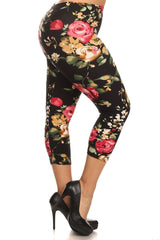 Niobe Clothing Black Rose Design Plus Size Capri Leggings - leggings
