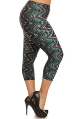 Niobe Clothing Teal Zig Zag Design Plus Size Capri Leggings - leggings