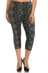 Niobe Clothing Teal Zig Zag Design Plus Size Capri Leggings - leggings