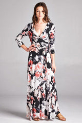 3/4 Sleeve Black Floral Abstract Multicolor Maxi Dress dress- Niobe Clothing