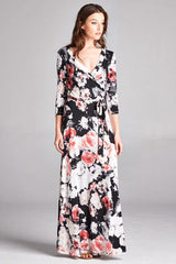 3/4 Sleeve Black Floral Abstract Multicolor Maxi Dress dress- Niobe Clothing