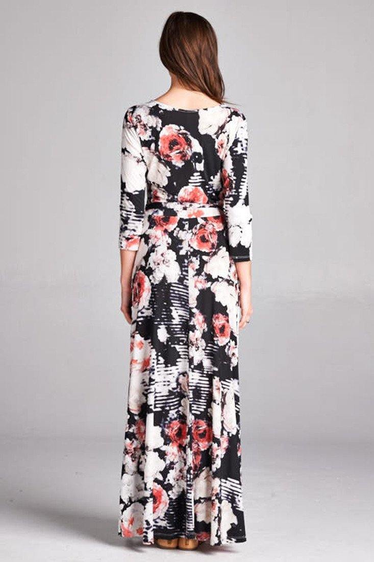 3/4 Sleeve Black Floral Abstract Multicolor Maxi Dress dress- Niobe Clothing