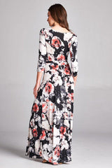 3/4 Sleeve Black Floral Abstract Multicolor Maxi Dress dress- Niobe Clothing