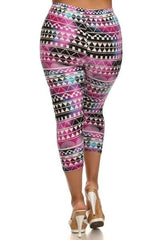 Niobe Clothing Pink Tie Dye Aztec Design Plus Size Capri Leggings - leggings