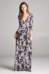 Niobe Clothing 3/4 Sleeve Dark Grey Damask Bohemian Maxi Dress - dress