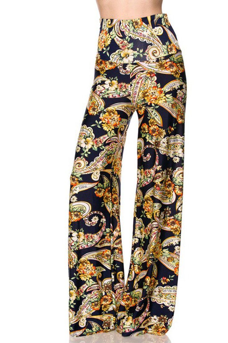Niobe Clothing High Waist Fold Over Wide Leg Palazzo Pants (Navy Golden Paisley) - pants