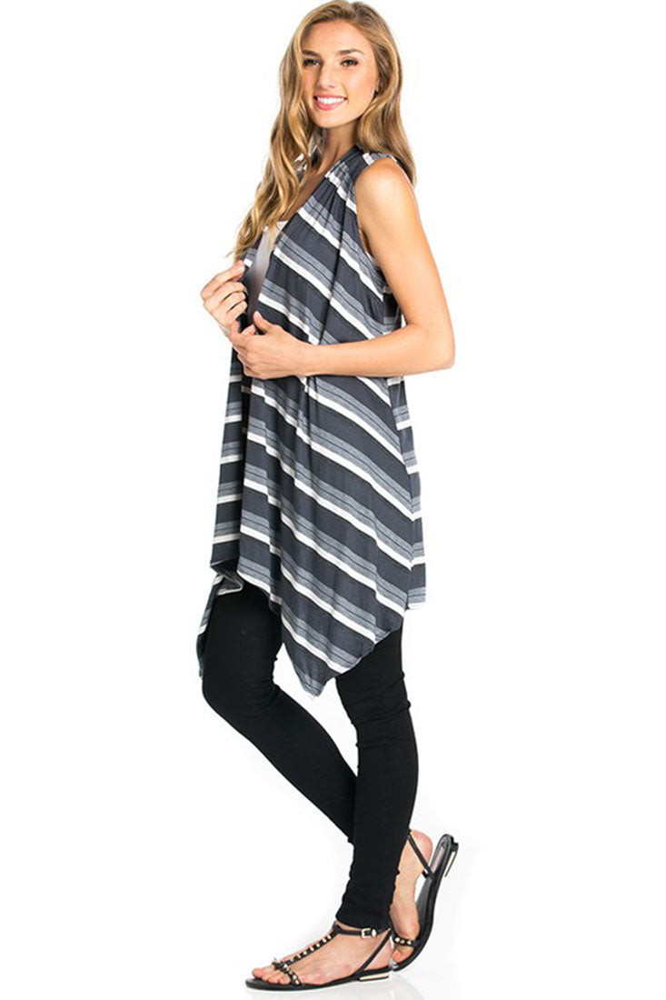 Niobe Clothing Sleeveless Asymmetric Hem Open Front Cardigan in Grey Mix - f_outerwear