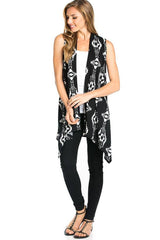 Niobe Clothing Patterned Sleeveless Asymmetric Hem Open Front Cardigan (Black Tribal Aztec) - Cardigans