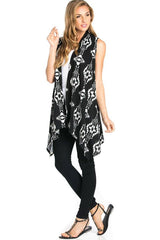 Niobe Clothing Patterned Sleeveless Asymmetric Hem Open Front Cardigan (Black Tribal Aztec) - Cardigans
