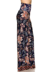 Niobe Clothing High Waist Fold Over Wide Leg Gaucho Palazzo Pants (Navy Floral Paisley) - pants