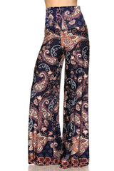 Niobe Clothing High Waist Fold Over Wide Leg Gaucho Palazzo Pants (Navy Floral Paisley) - pants