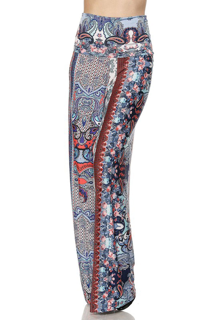 Niobe Clothing High Waist Fold Over Wide Leg Palazzo Pants (Red Blue Paisley) - pants