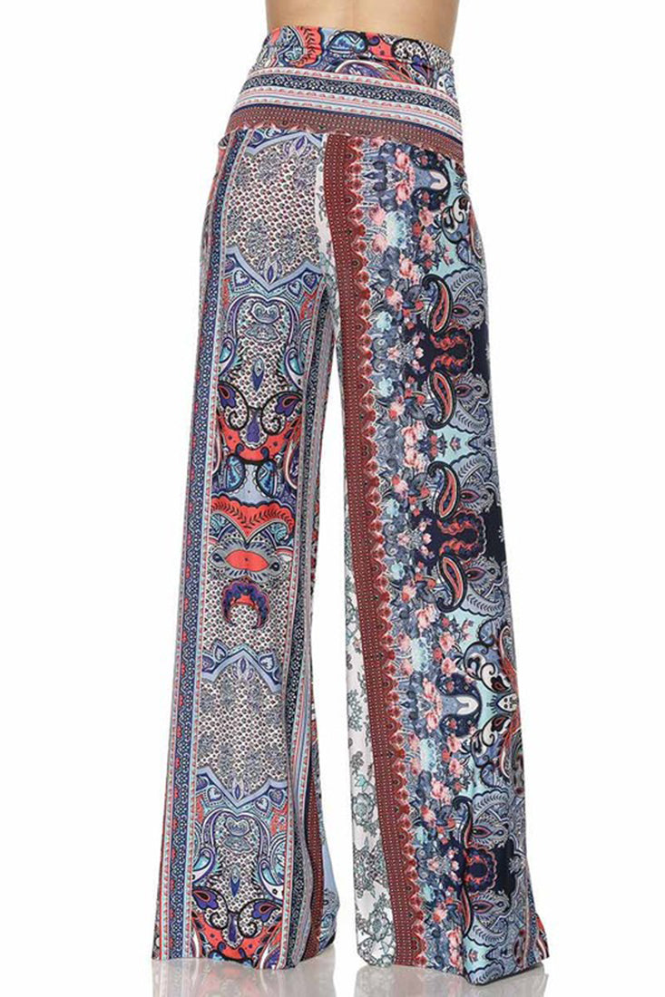Niobe Clothing High Waist Fold Over Wide Leg Palazzo Pants (Red Blue Paisley) - pants