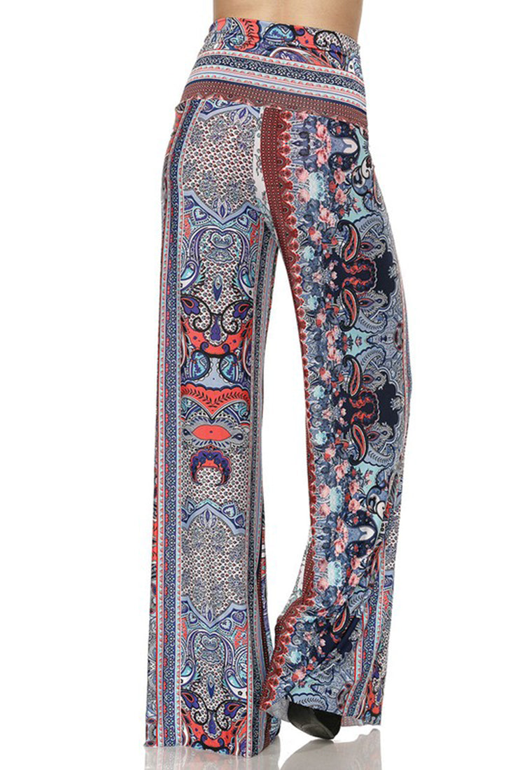 Niobe Clothing High Waist Fold Over Wide Leg Palazzo Pants (Red Blue Paisley) - pants