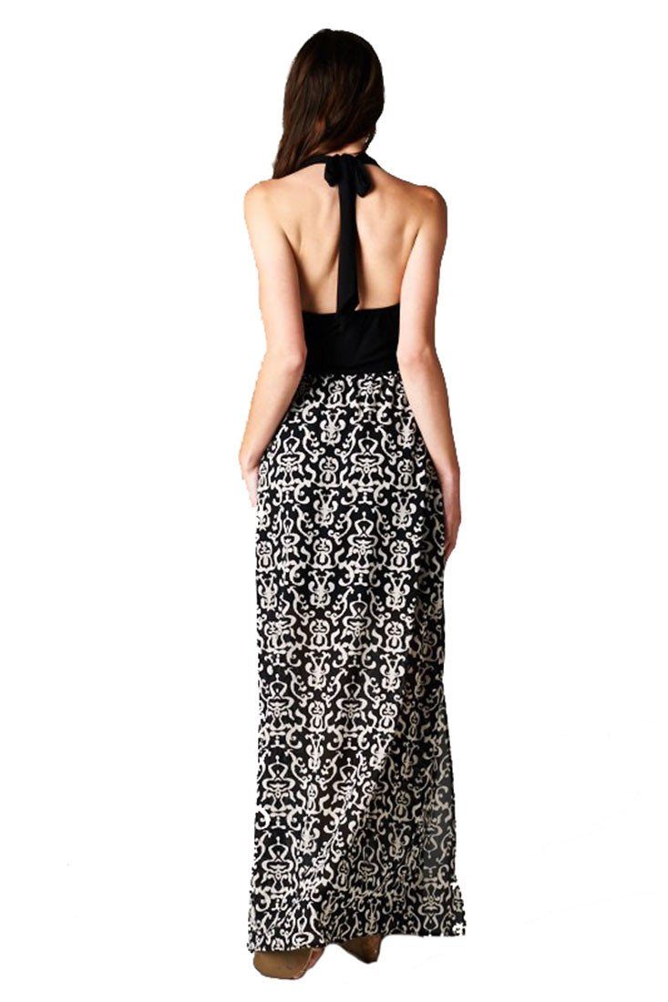 Niobe Clothing Halter Top Baroque Damask Print Black White Maxi Dress w/ Side Slit - Dresses f_dresses