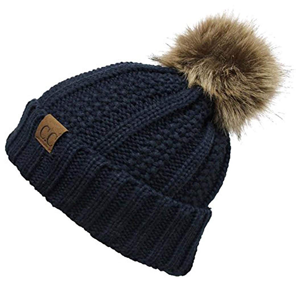 Faux-Fur Pom Fleece-Lined Knit Beanie