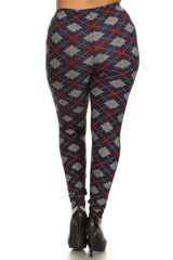 Navy Burgundy Argyle Design Plus Size Leggings leggings- Niobe Clothing