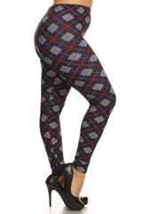 Navy Burgundy Argyle Design Plus Size Leggings leggings- Niobe Clothing