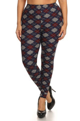 Navy Burgundy Argyle Design Plus Size Leggings leggings- Niobe Clothing