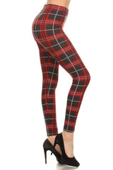 Dark Grey Red Tartan Plaid Leggings leggings- Niobe Clothing