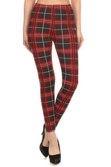 Dark Grey Red Tartan Plaid Leggings leggings- Niobe Clothing