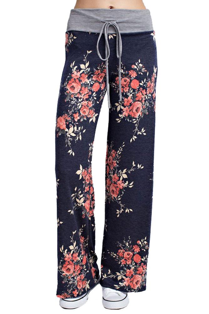 12Pm Mon Ami Flowered Casual Lounge Pants in Navy - f_bottoms