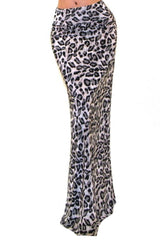 Niobe Clothing Animal Print Full Length Banded Waist Foldover Maxi Skirt (Grey Leopard) - Skirts