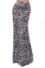 Niobe Clothing Animal Print Full Length Banded Waist Foldover Maxi Skirt (Grey Leopard) - Skirts